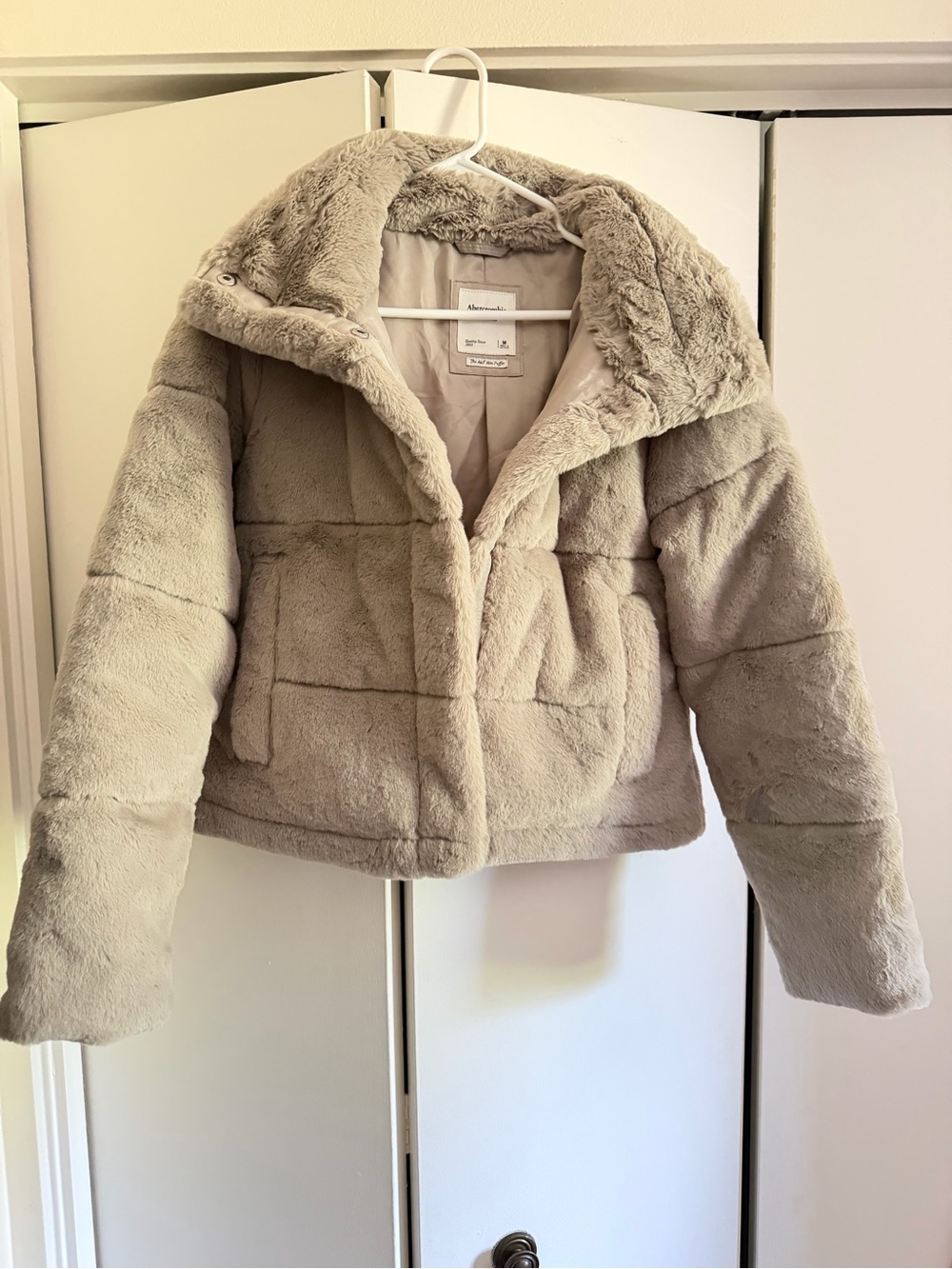 Abercrombie & Fitch Taupe Faux Fur-Lined Mini Puffer Jacket